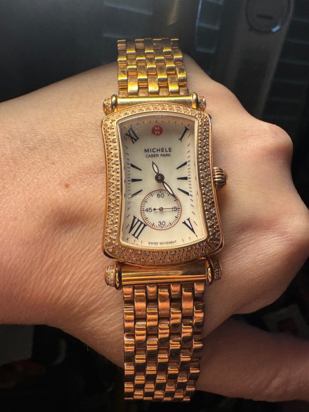 Michele Gold-Tone Diamond Bezel Rectangular Bracelet Watch